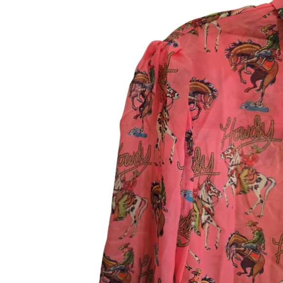 NWT Turquoise Haven Western Pink Howdy Blouse XL Puff Sleeves Bucking Bronco - Picture 5 of 12